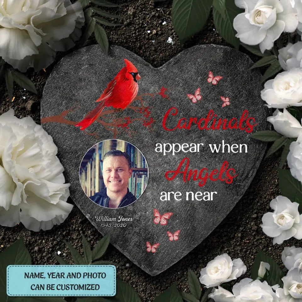 Pesonalized Heart Garden Stone - Cardinal Appear When Angels Are Near - Memorial Gift, Gift For Mom And Dad WRND011