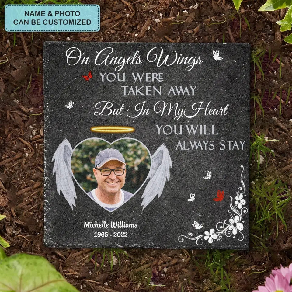 Pesonalized Square Garden Stone - On Angels Wings - Memorial Gift, Gift For Mom And Dad WRND011