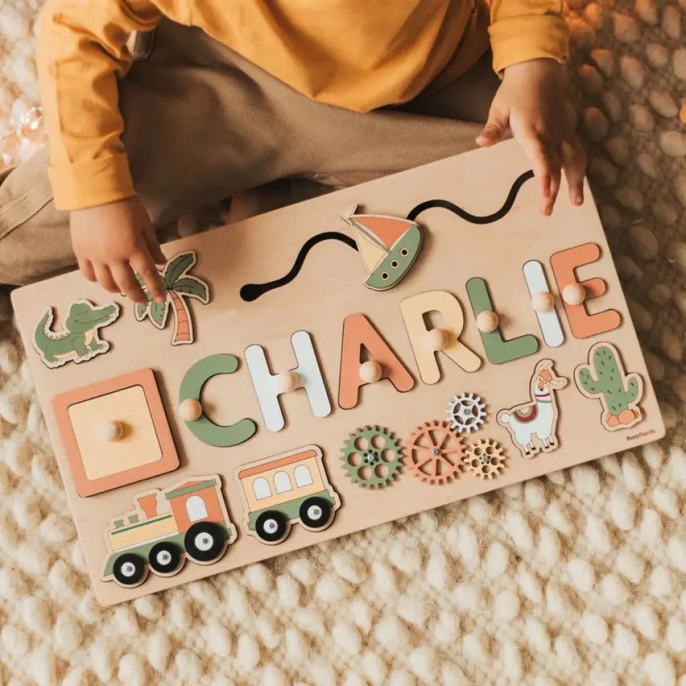 Personalized Puzzle Montessori Busy Board - Sensory Activity Board - Wooden Toys - Special Gifts for Boys and Girls