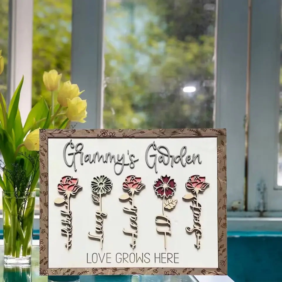 Personalized Grandma's Garden Sign - Birth Flowers Sign - Custom Floral Sign with Grandkid Name - Wooden Plaque for Grandmother Gift- Birthday Gift