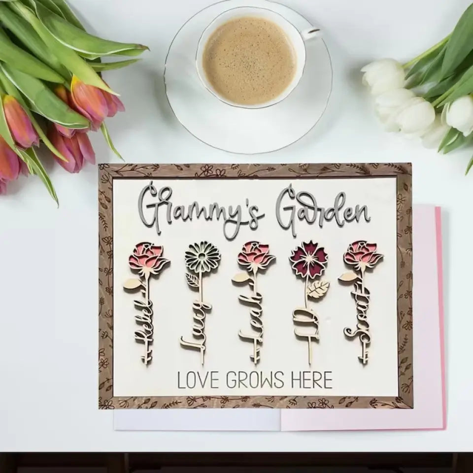 Personalized Grandma's Garden Sign - Birth Flowers Sign - Custom Floral Sign with Grandkid Name - Wooden Plaque for Grandmother Gift- Birthday Gift