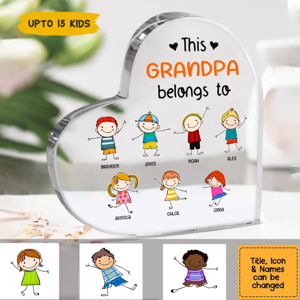 Personalized Heart Acrylic Plaque - This Grandpa Belongs To - Gift For Grandpa, Gift For Family, Gift For Father's Day