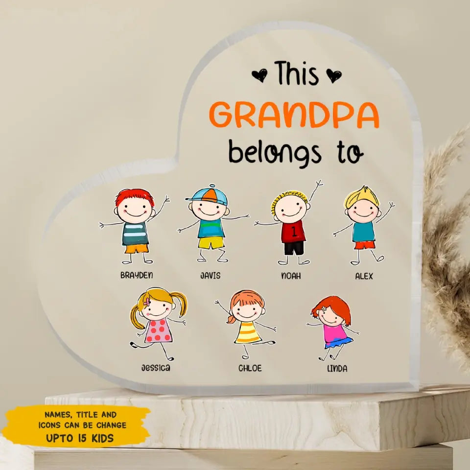 Personalized Heart Acrylic Plaque - This Grandpa Belongs To - Gift For Grandpa, Gift For Family, Gift For Father's Day