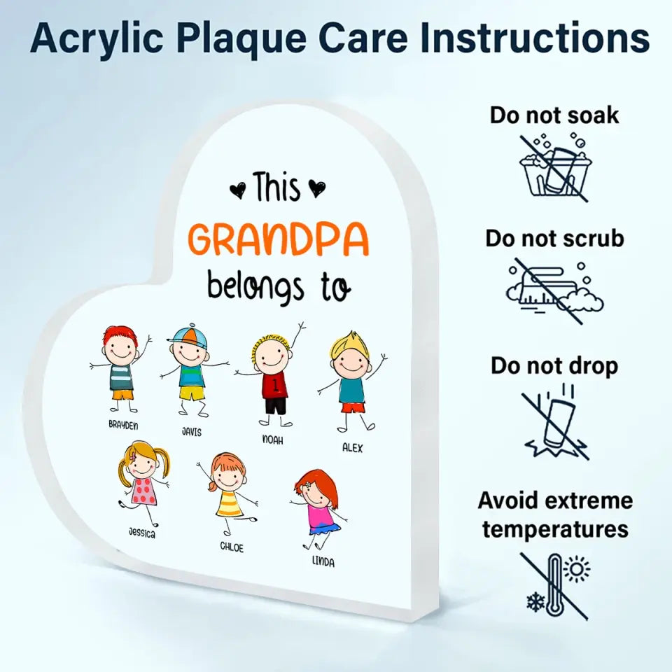 Personalized Heart Acrylic Plaque - This Grandpa Belongs To - Gift For Grandpa, Gift For Family, Gift For Father's Day