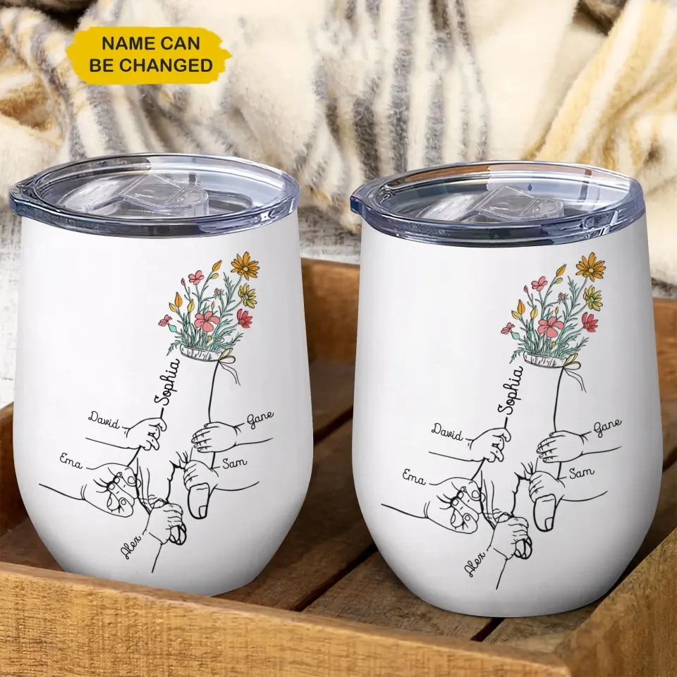Personalized Wine Tumbler - Holding Mom's Hand - Gift For Mom, Gift For Mother's Day, Gift For Family