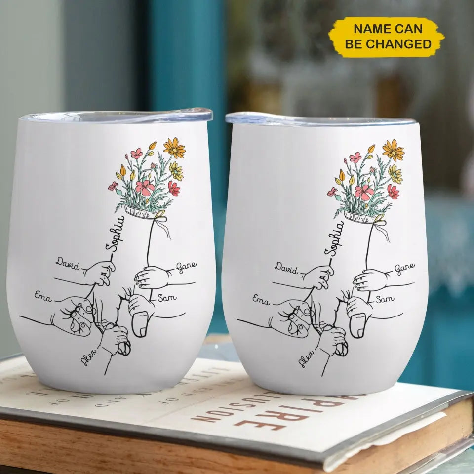 Personalized Wine Tumbler - Holding Mom's Hand - Gift For Mom, Gift For Mother's Day, Gift For Family