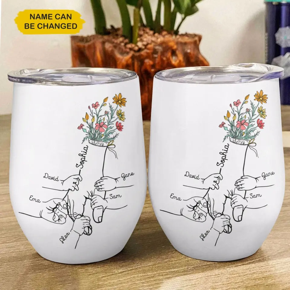 Personalized Wine Tumbler - Holding Mom's Hand - Gift For Mom, Gift For Mother's Day, Gift For Family
