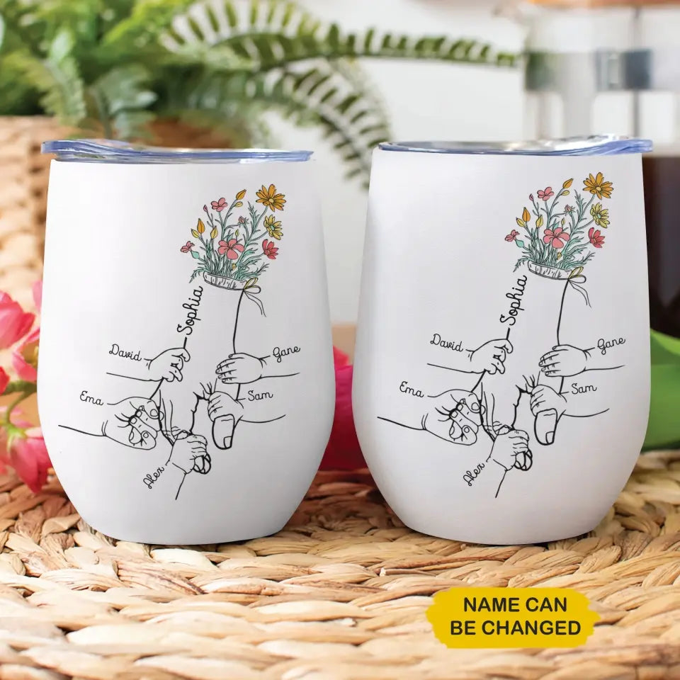 Personalized Wine Tumbler - Holding Mom's Hand - Gift For Mom, Gift For Mother's Day, Gift For Family