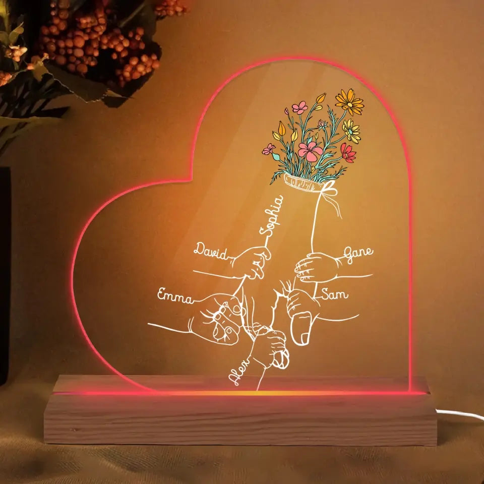 Personalize 3D LED Wooden Base - Holding Mom's Hand - Gift For Mom, Gift For Family