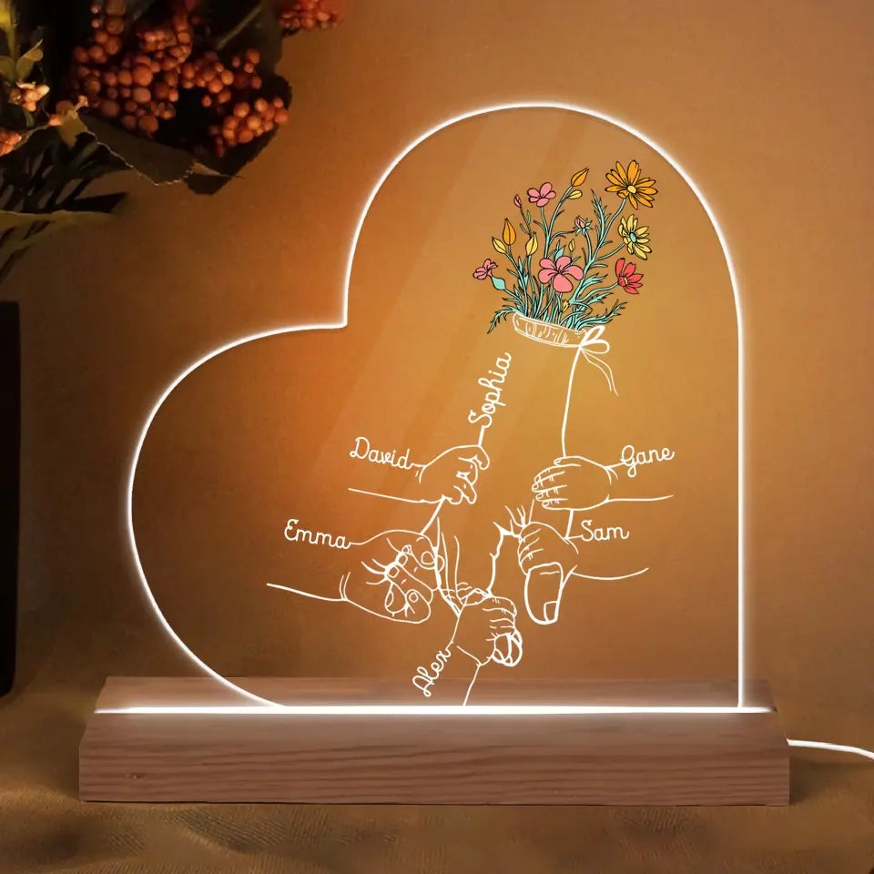 Personalize 3D LED Wooden Base - Holding Mom's Hand - Gift For Mom, Gift For Family