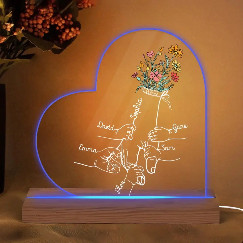 Personalize 3D LED Wooden Base - Holding Mom's Hand - Gift For Mom, Gift For Family