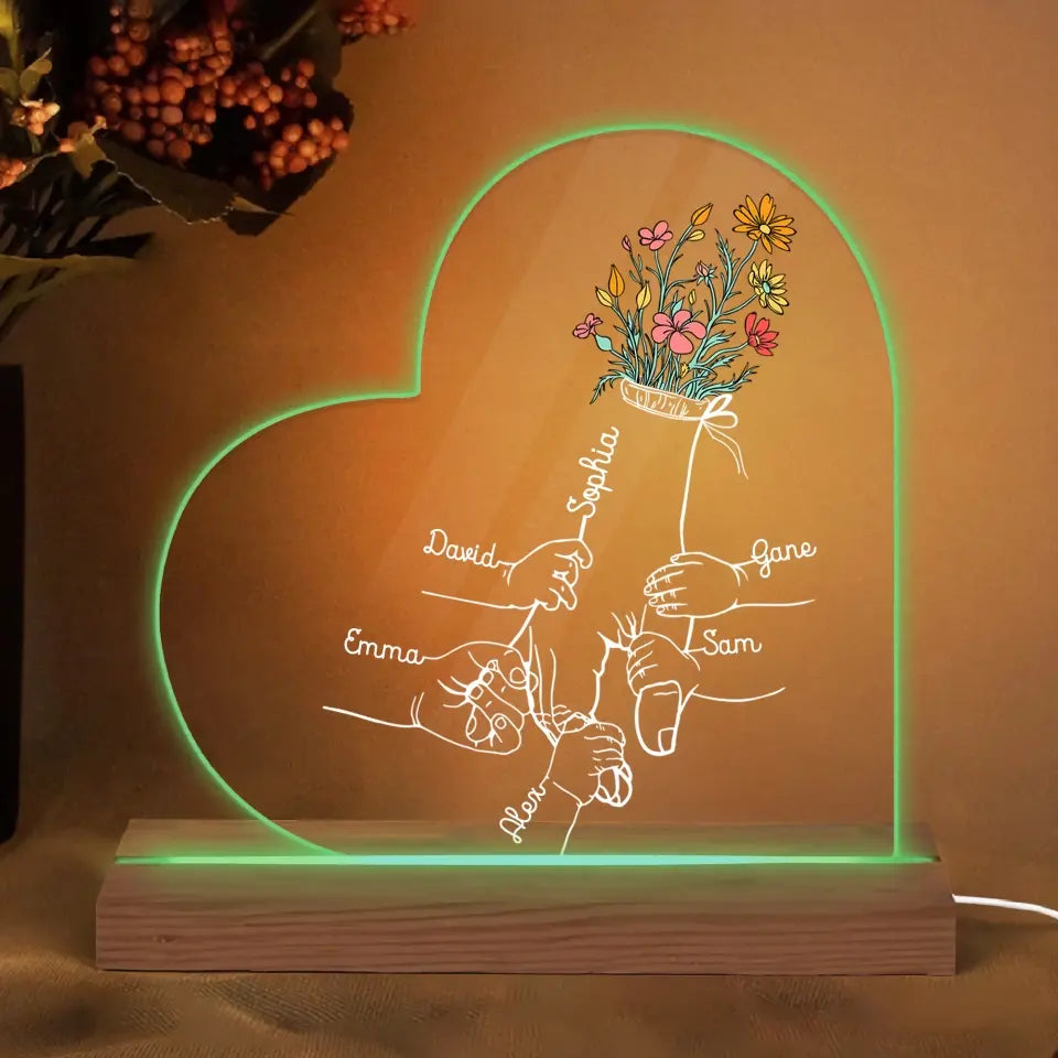 Personalize 3D LED Wooden Base - Holding Mom's Hand - Gift For Mom, Gift For Family