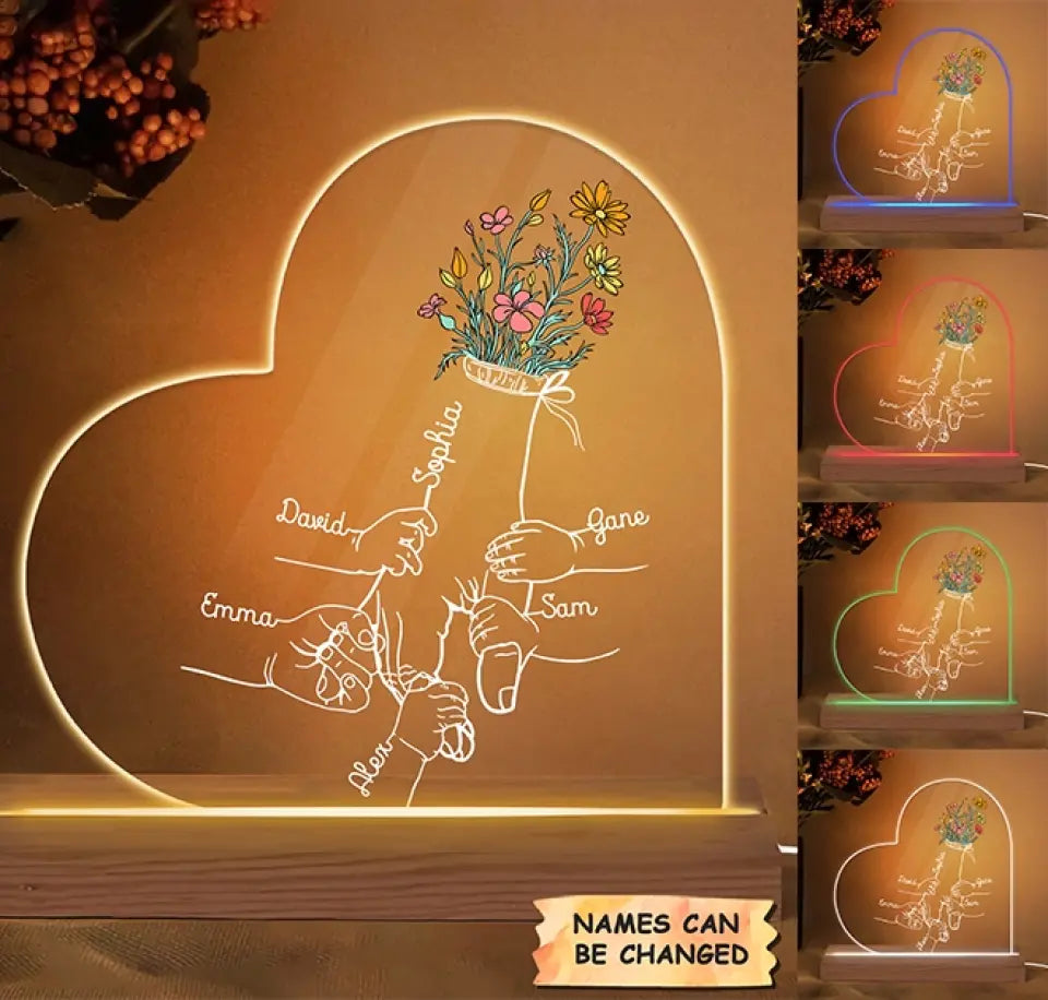 Personalize 3D LED Wooden Base - Holding Mom's Hand - Gift For Mom, Gift For Family
