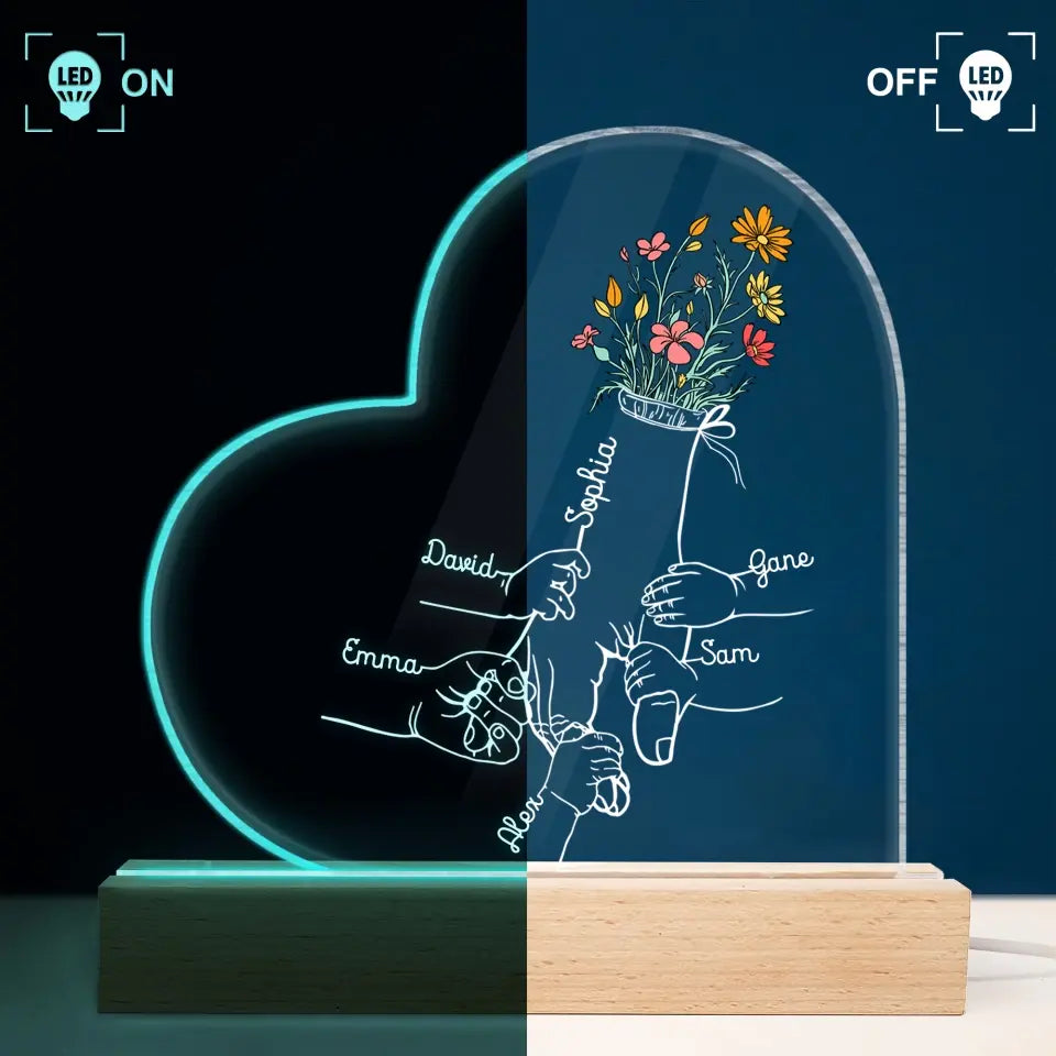 Personalize 3D LED Wooden Base - Holding Mom's Hand - Gift For Mom, Gift For Family