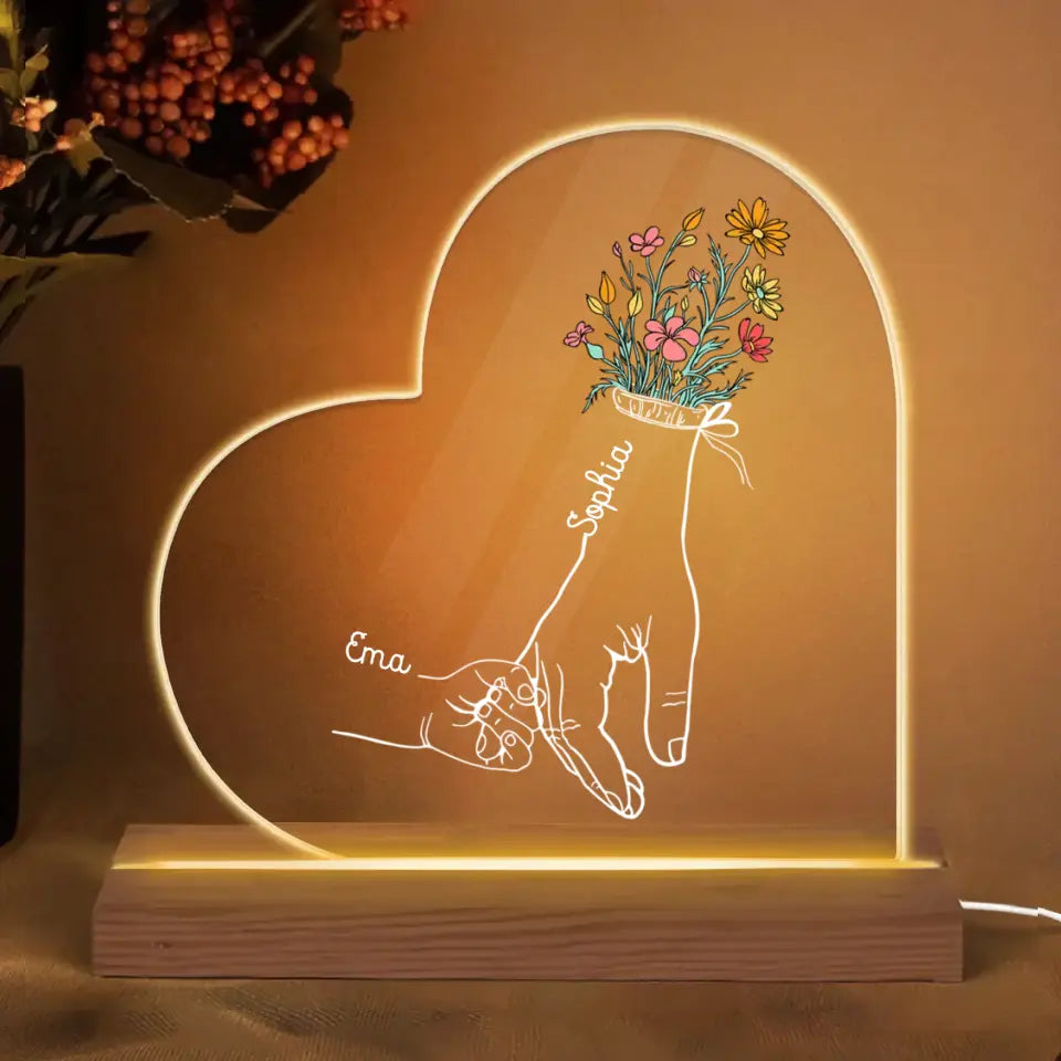 Personalize 3D LED Wooden Base - Holding Mom's Hand - Gift For Mom, Gift For Family