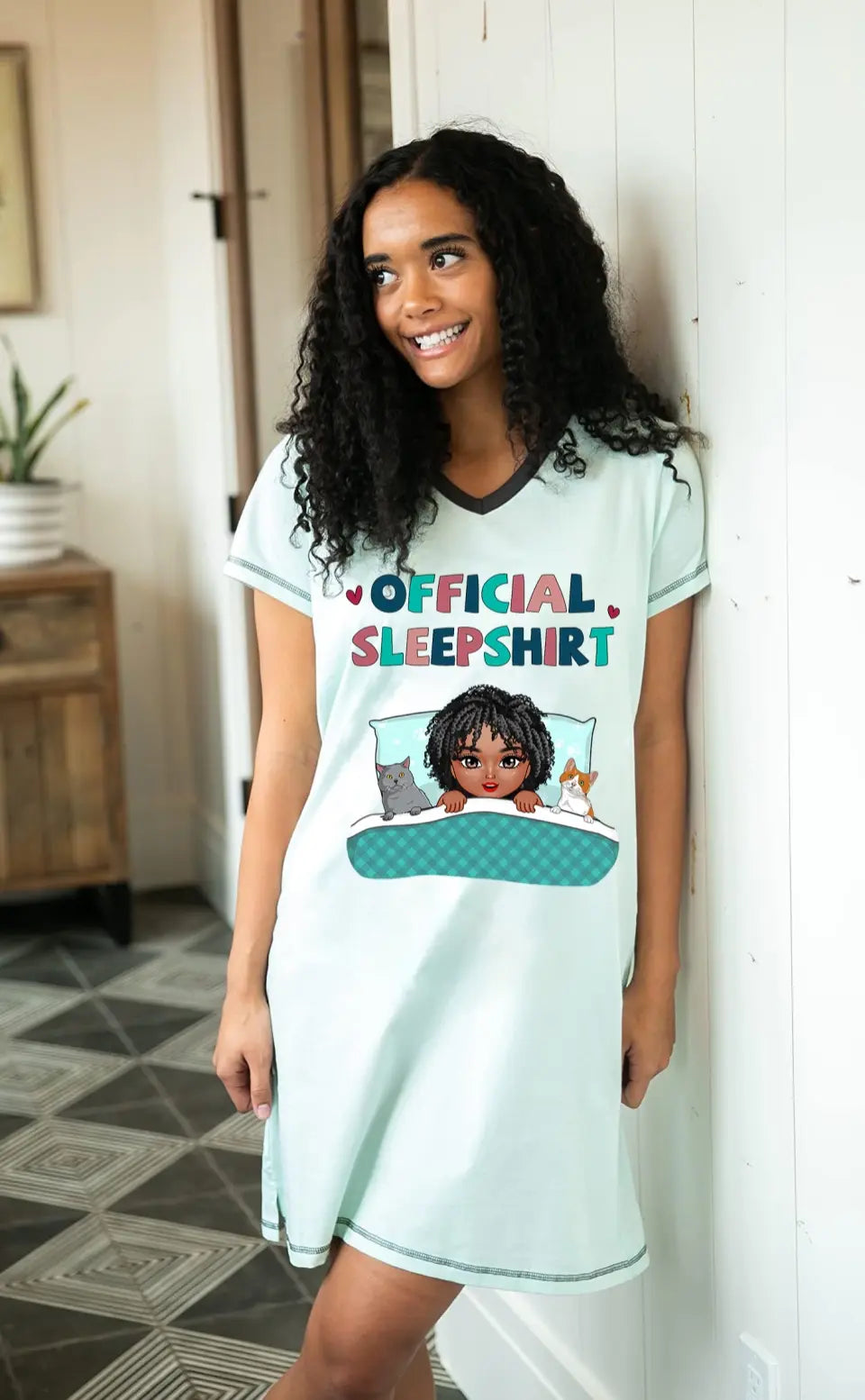 Personalized Custom Woman V-neck Night Shirt - Birthday Gift For Cat Lover, Cat Mom - Official Sleep Shirt V1