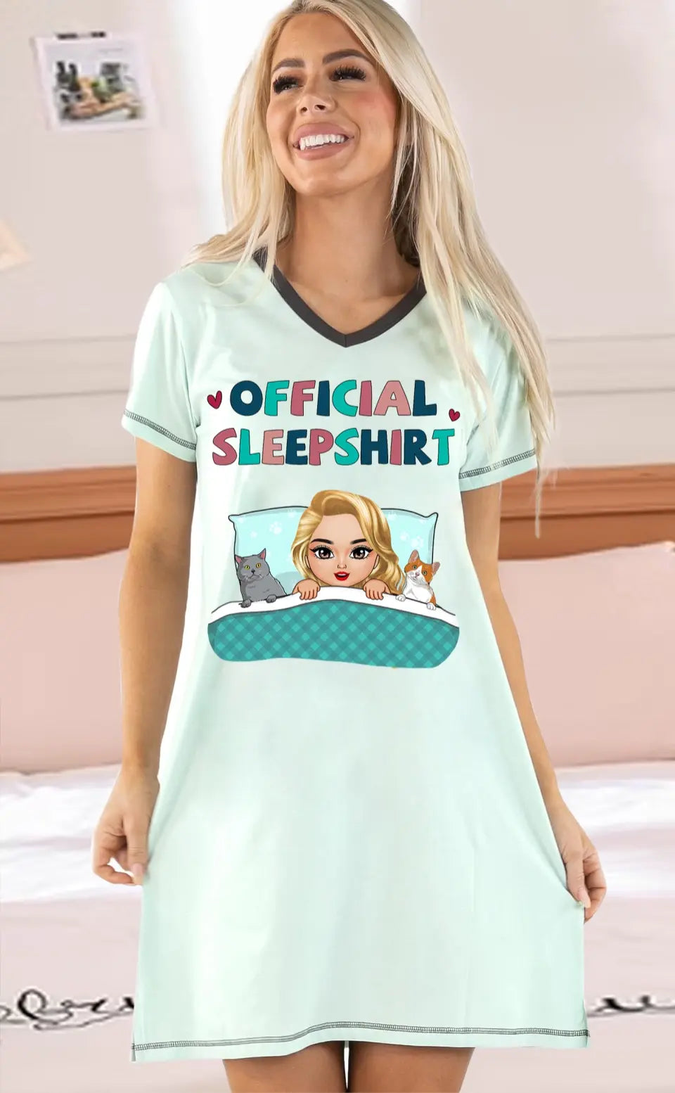 Personalized Custom Woman V-neck Night Shirt - Birthday Gift For Cat Lover, Cat Mom - Official Sleep Shirt V1