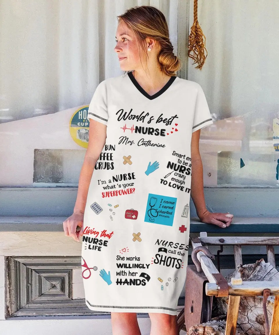 Personalized Women's V-Neck Nightshirt - World's Best Nurse