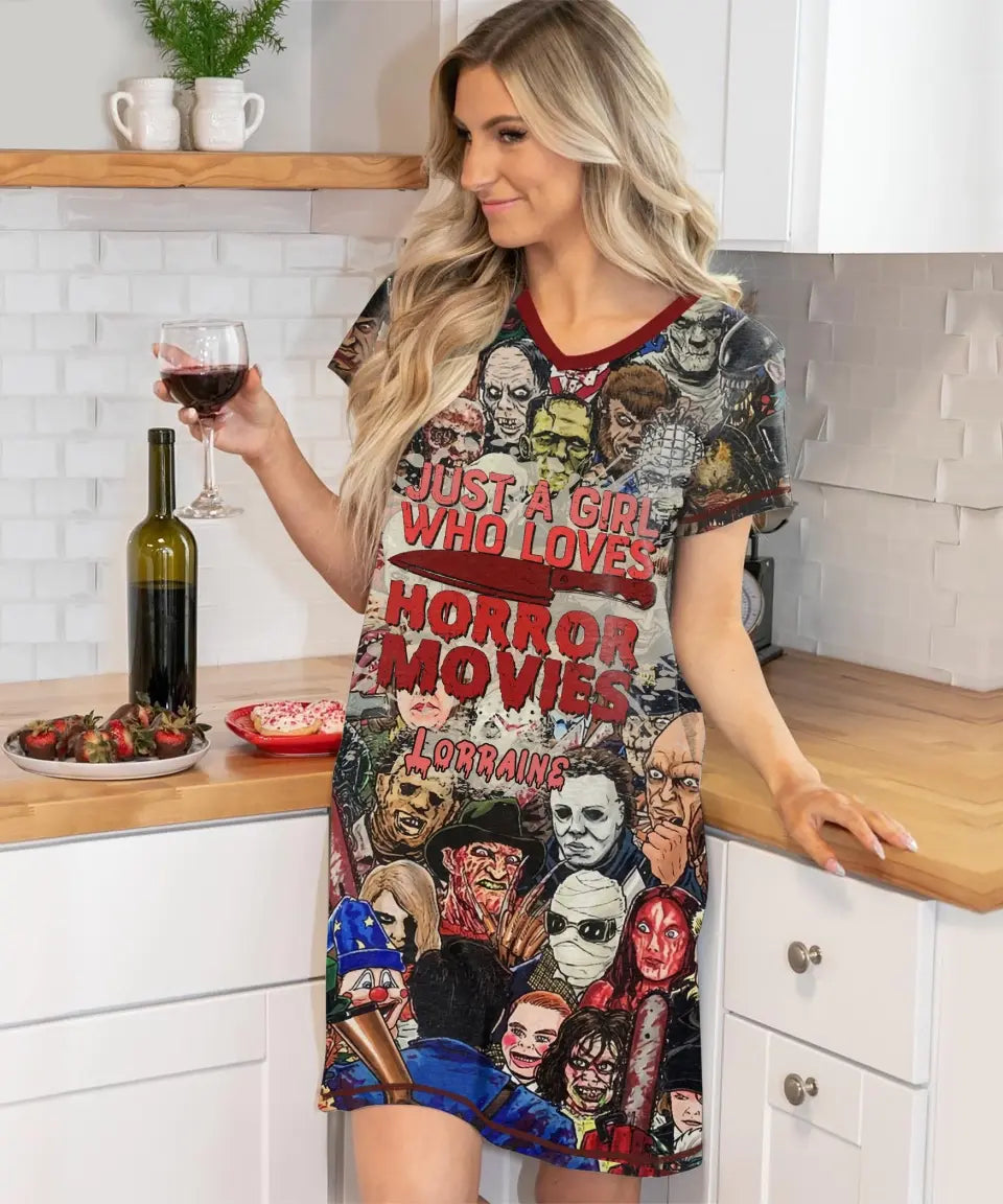 Women's V-neck Nightshirt - Just A Girl Who Loves Horror Movies