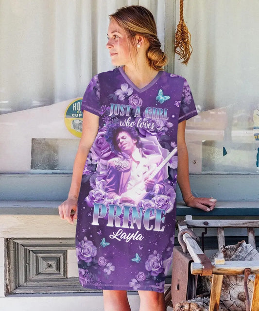 Personalized Women's V-Neck Nightshirt - Just A Girl Who Loves