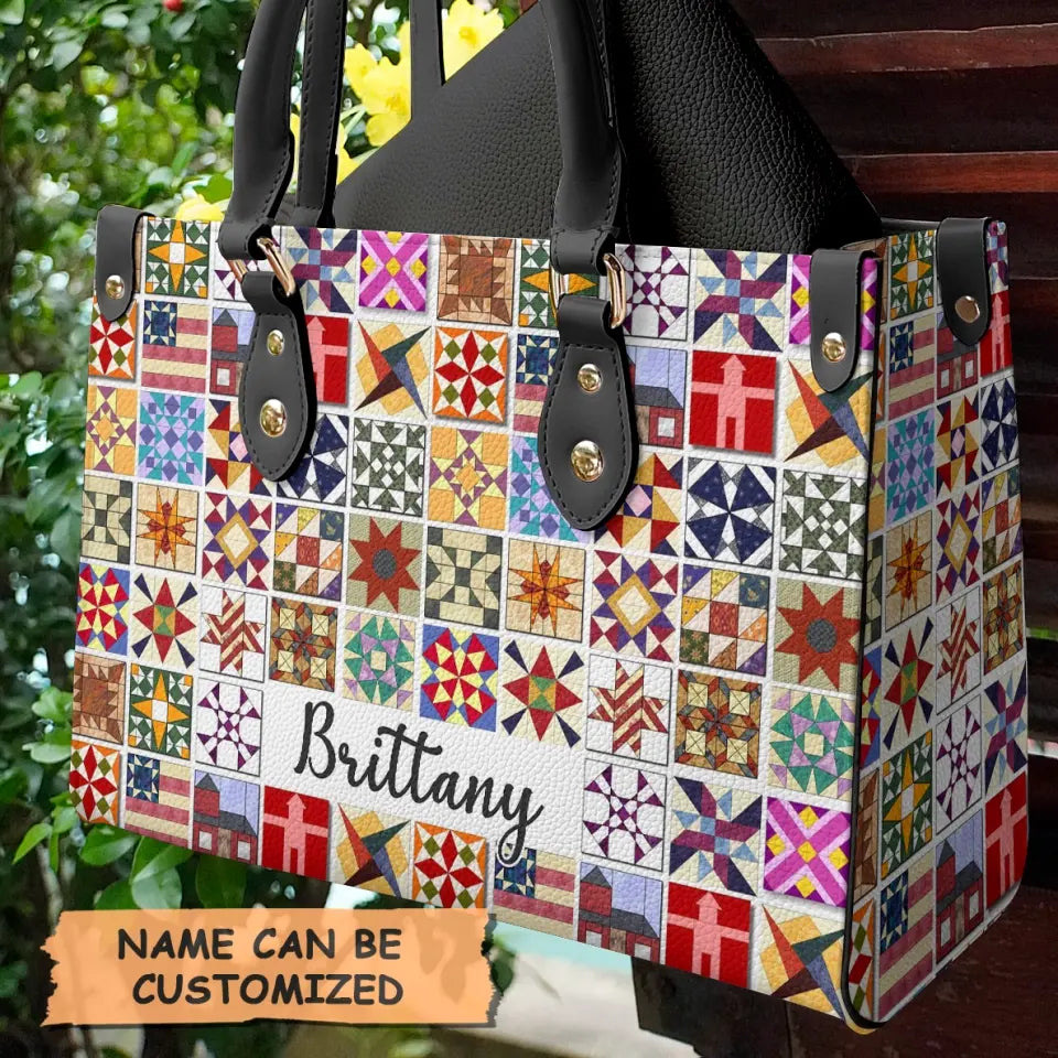 Personalized Leather Bag - Quilt Blocks