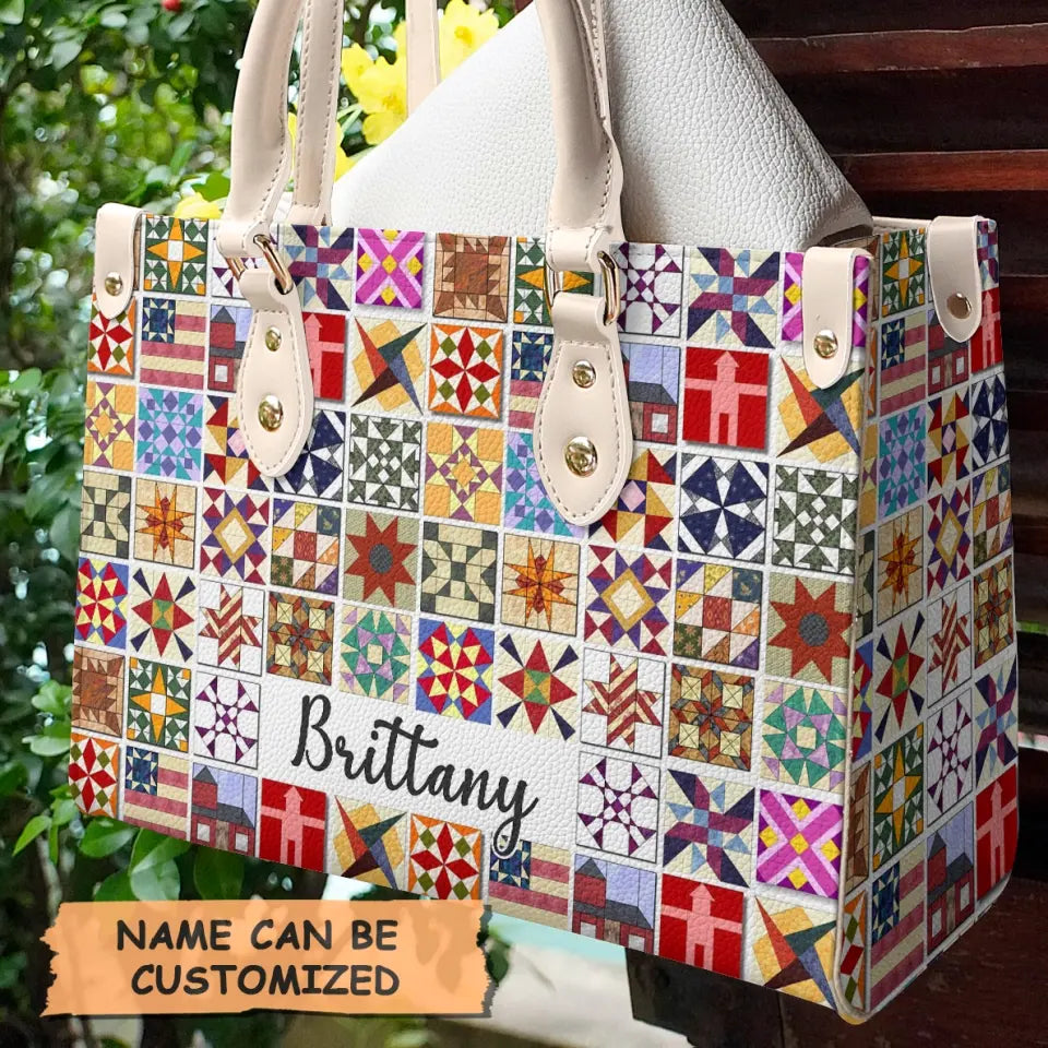 Personalized Leather Bag - Quilt Blocks