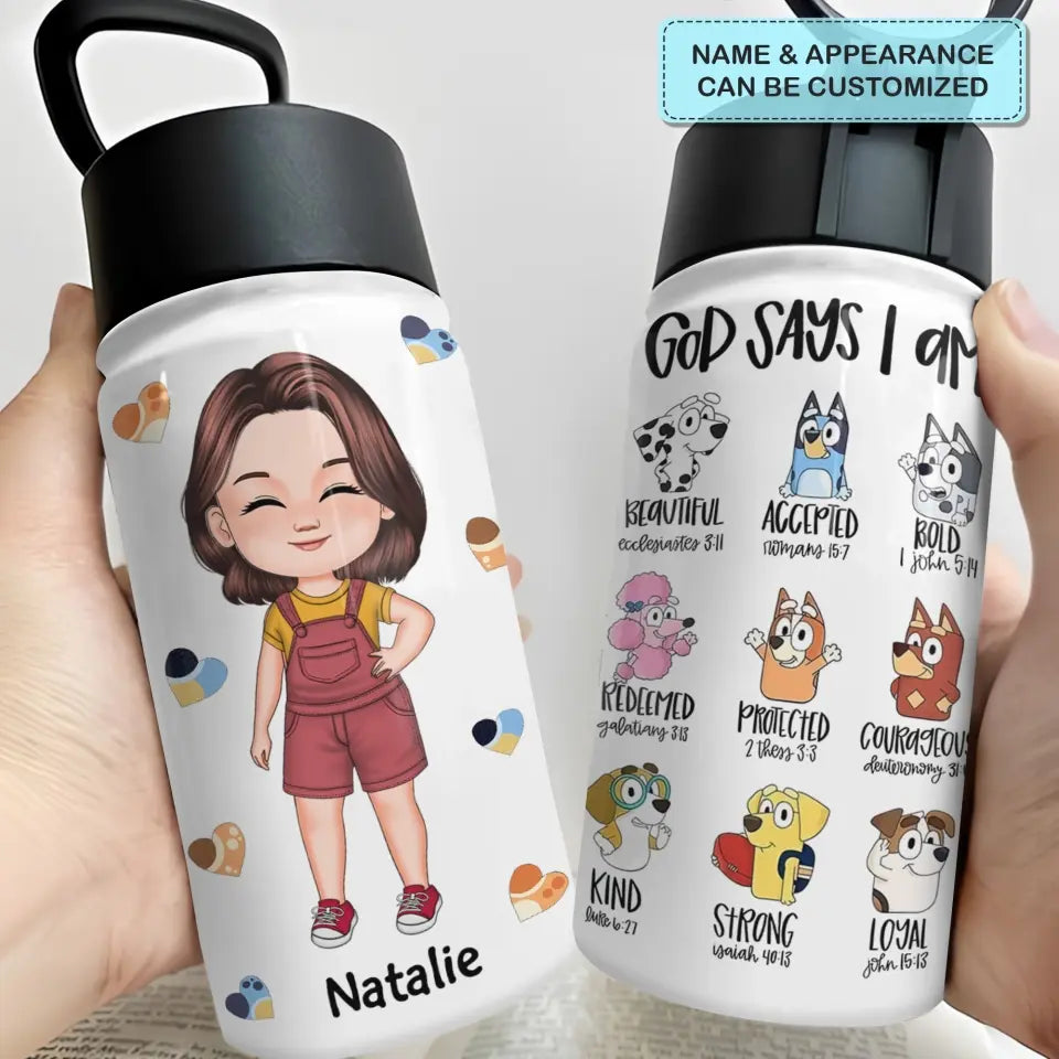 Gods Say I Am - Personalized Custom Kids Insulated Bottle - Birthday, Back To School, Kindergarten, First, Second, Third, Fourth, Fifth Grade, Pre-K Gift For Kids