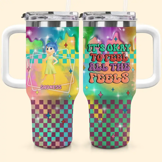 It's Okay To Feel All The Feel - Personalized Custom Tumbler With Handle - Gift For Friends, Family Members