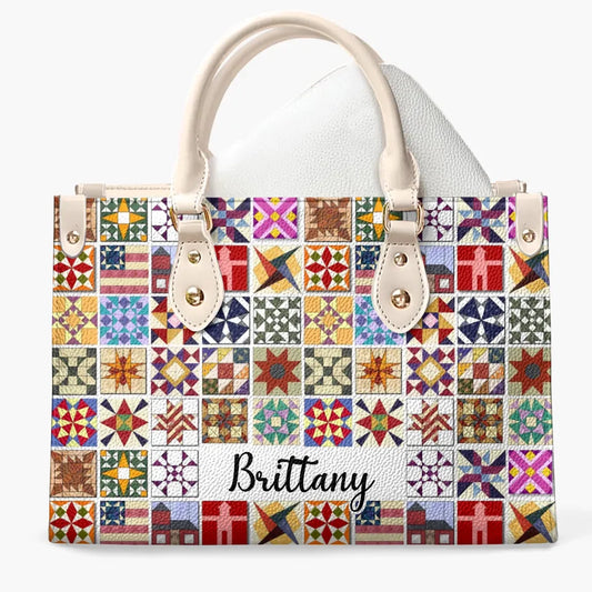 Personalized Leather Bag - Quilt Blocks