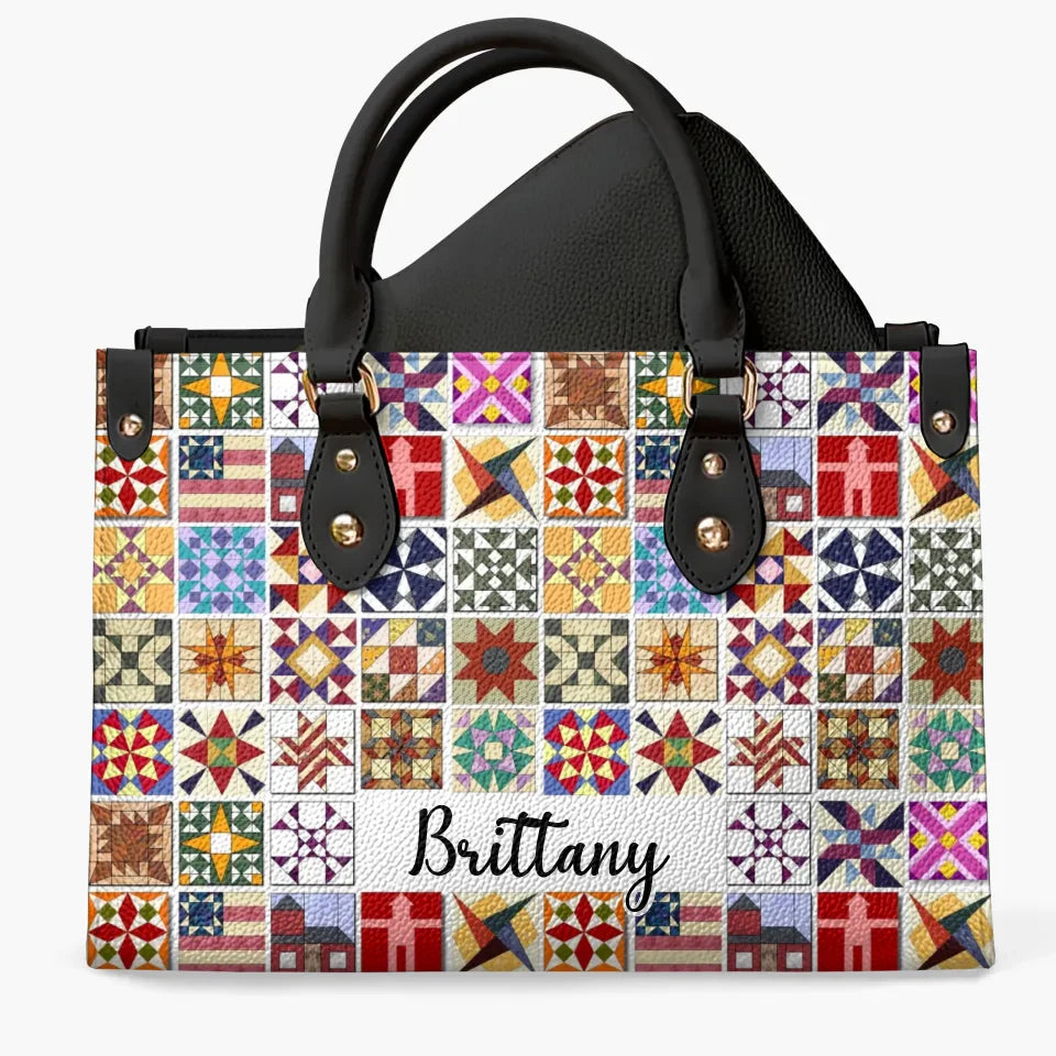 Personalized Leather Bag - Quilt Blocks