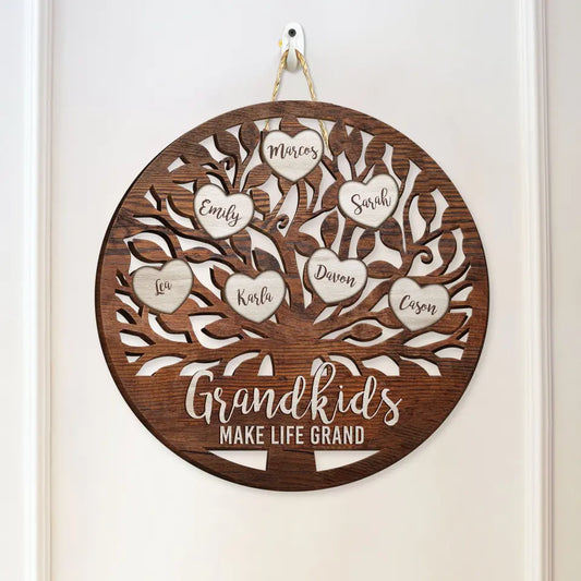 Grandkids Make Life Grand - Personalized Custom Shaped Wood Sign, Gift For Grandparents, Gift For Family