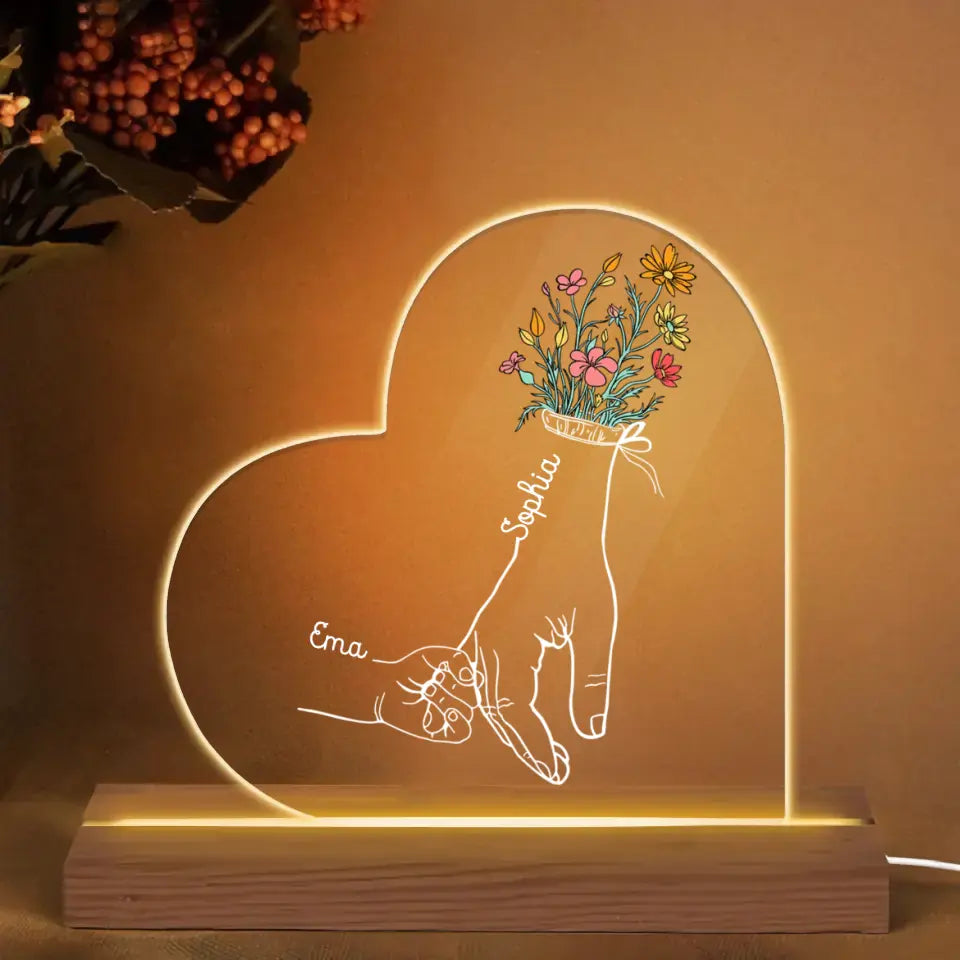 Personalize 3D LED Wooden Base - Holding Mom's Hand - Gift For Mom, Gift For Family