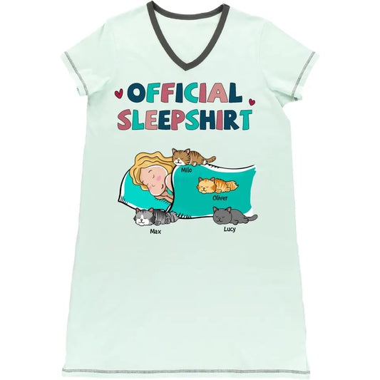 Personalized Custom Woman V-neck Night Shirt - Birthday Gift For Cat Lover, Cat Mom - Official Sleep Shirt V2