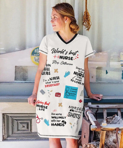 Personalized Women's V-Neck Nightshirt - World's Best Nurse