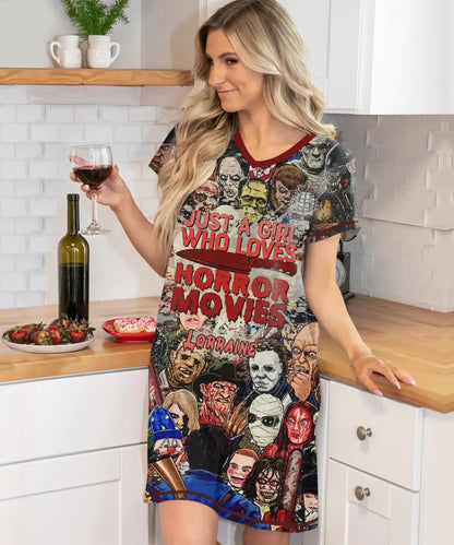 Women's V-neck Nightshirt - Just A Girl Who Loves Horror Movies
