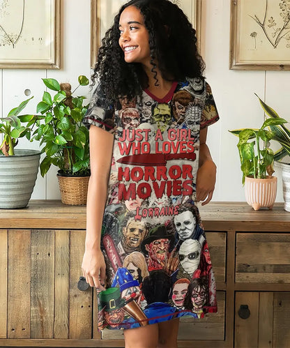 Women's V-neck Nightshirt - Just A Girl Who Loves Horror Movies