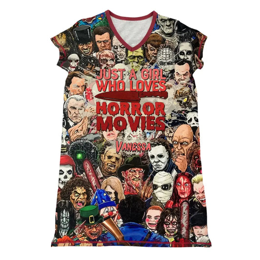 Women's V-neck Nightshirt - Just A Girl Who Loves Horror Movies