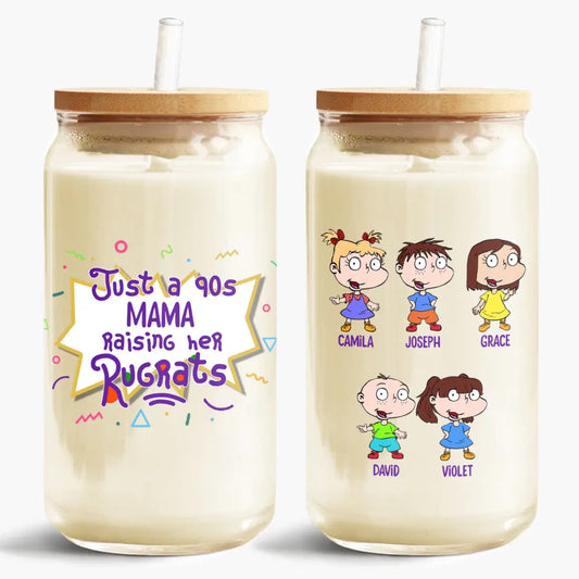 Just A 90s Mama Raising Her Rugrats - Personalized Custom Glass Can - Mother's Day Gift For Mom, Family Member