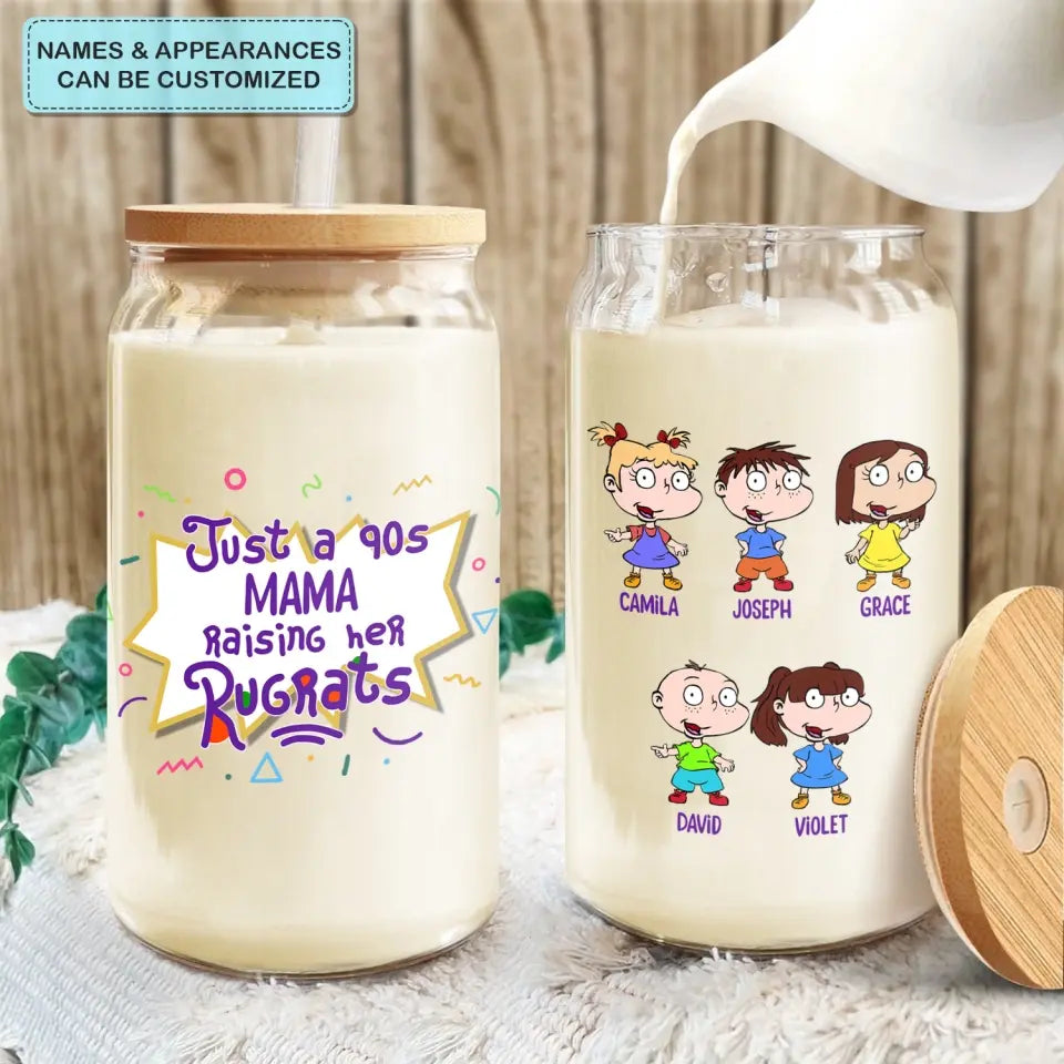 Just A 90s Mama Raising Her Rugrats - Personalized Custom Glass Can - Mother's Day Gift For Mom, Family Member