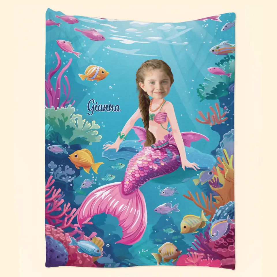 Mermaid Girl Custom Face - Personalized Custom Blanket - Gift For Kids, Girls