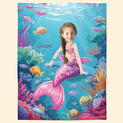 Mermaid Girl Custom Face - Personalized Custom Blanket - Gift For Kids, Girls