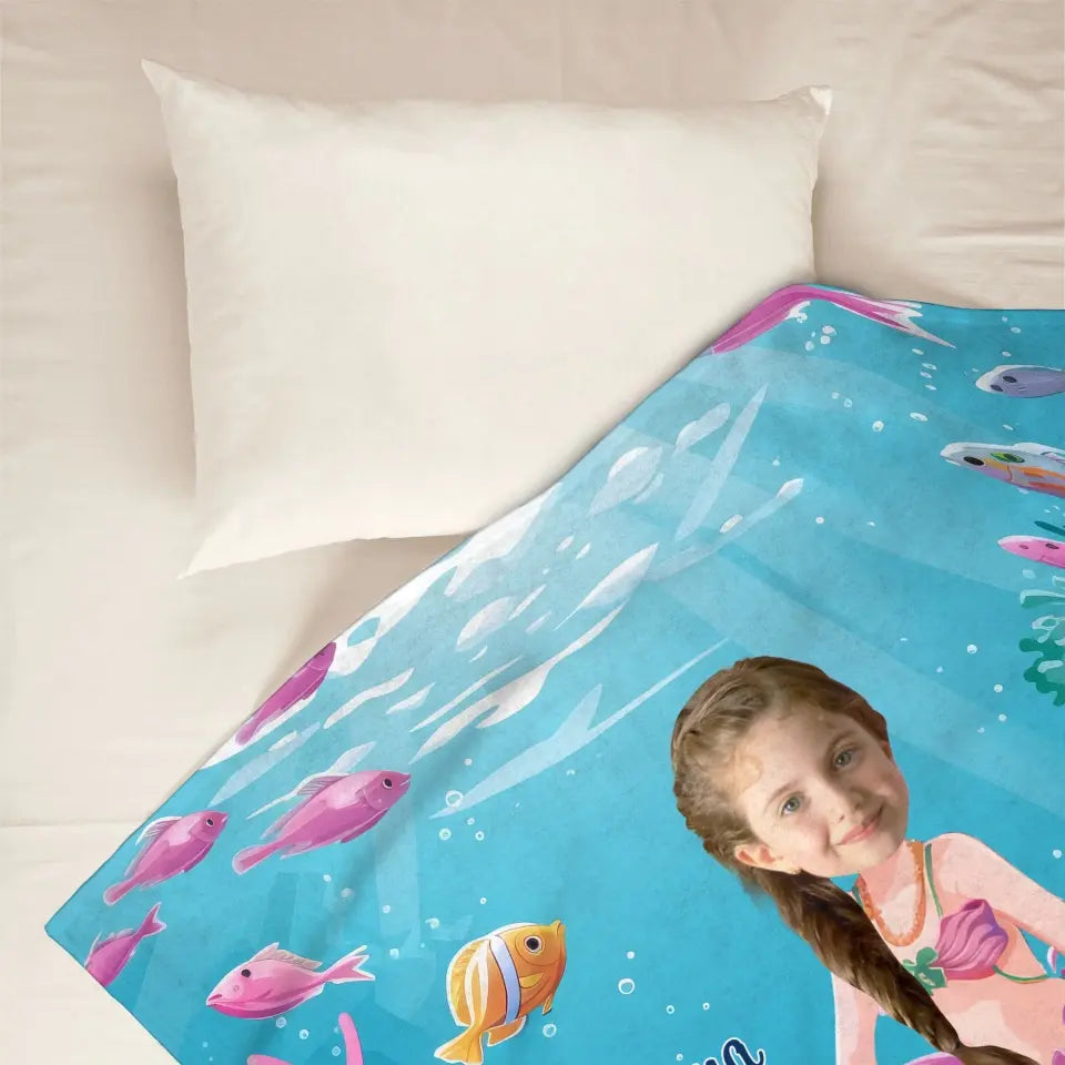 Mermaid Girl Custom Face - Personalized Custom Blanket - Gift For Kids, Girls