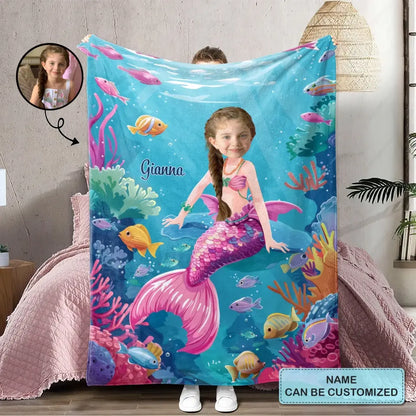 Mermaid Girl Custom Face - Personalized Custom Blanket - Gift For Kids, Girls