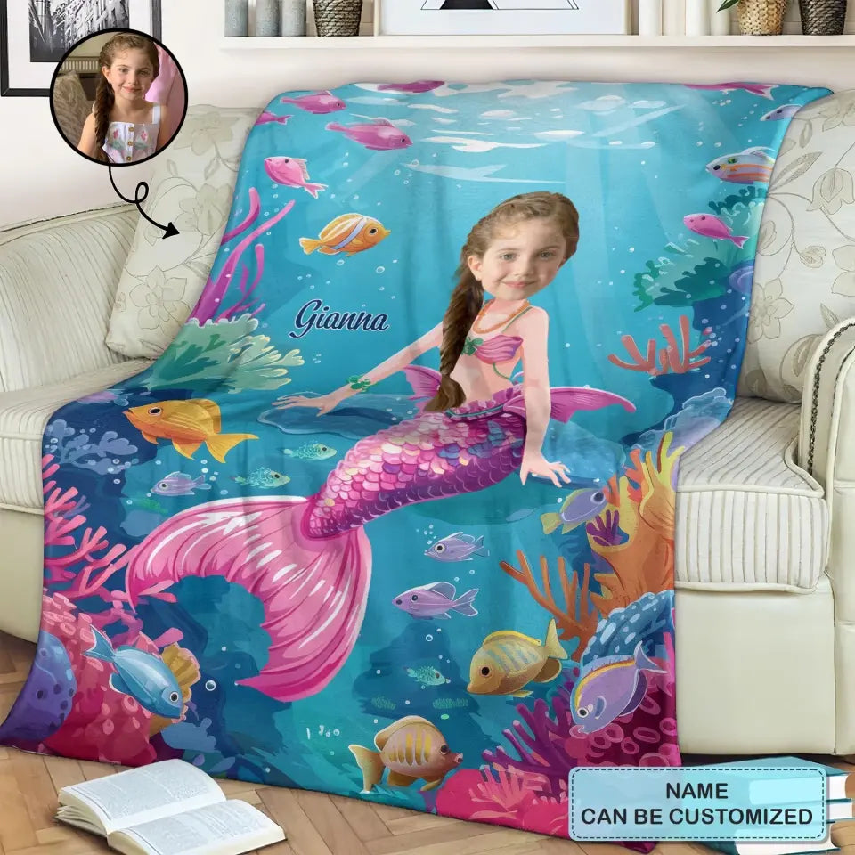 Mermaid Girl Custom Face - Personalized Custom Blanket - Gift For Kids, Girls