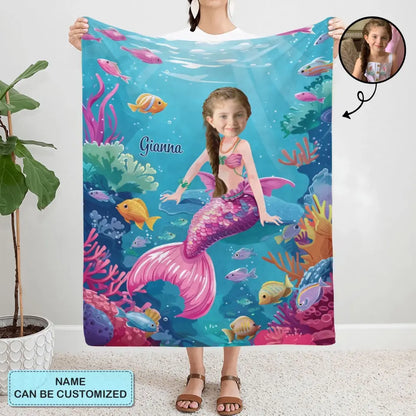 Mermaid Girl Custom Face - Personalized Custom Blanket - Gift For Kids, Girls