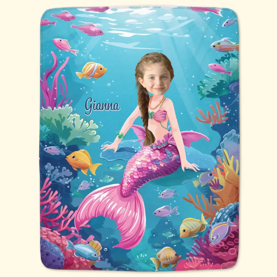 Mermaid Girl Custom Face - Personalized Custom Blanket - Gift For Kids, Girls