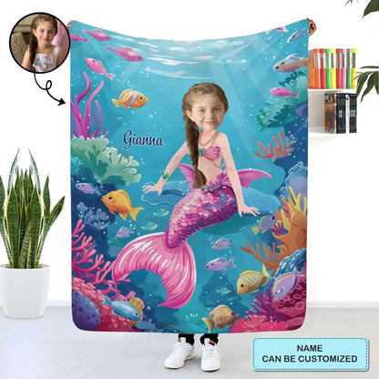 Mermaid Girl Custom Face - Personalized Custom Blanket - Gift For Kids, Girls