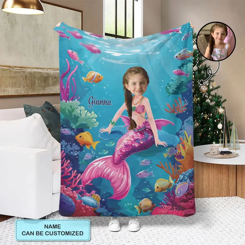 Mermaid Girl Custom Face - Personalized Custom Blanket - Gift For Kids, Girls