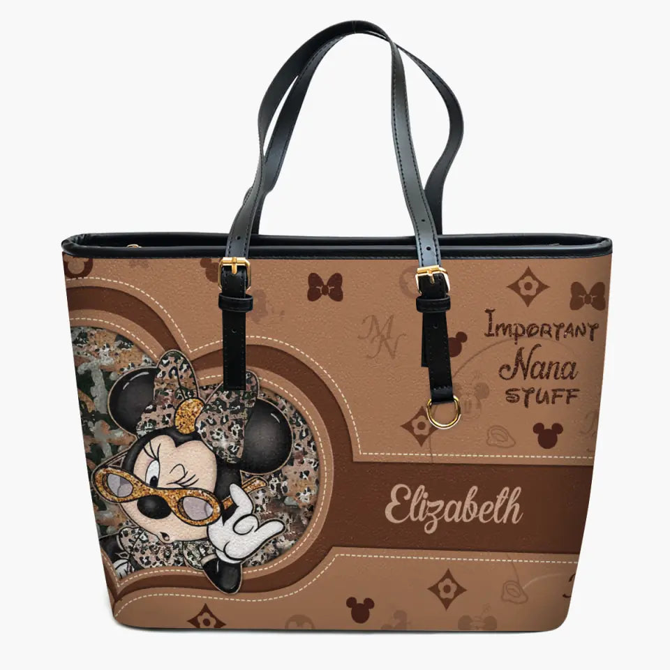 Important Granny's Stuff - Personalized Custom Leather Bucket Bag - Gift For Grandma, Mom, Family Members