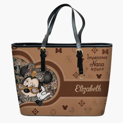 Important Granny's Stuff - Personalized Custom Leather Bucket Bag - Gift For Grandma, Mom, Family Members